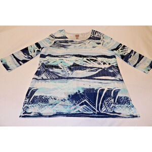 Easywear by Chicos Size 3 Large Blue Layered Gauzy Sheer Blue Abstract Blouse